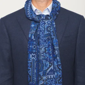 Blue Sicilian Mosaic Double Face Wool Scarf