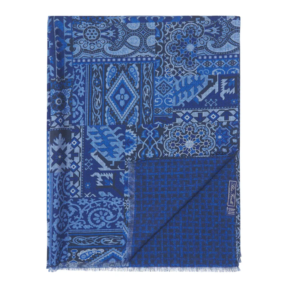 Blue Sicilian Mosaic Double Face Wool Scarf