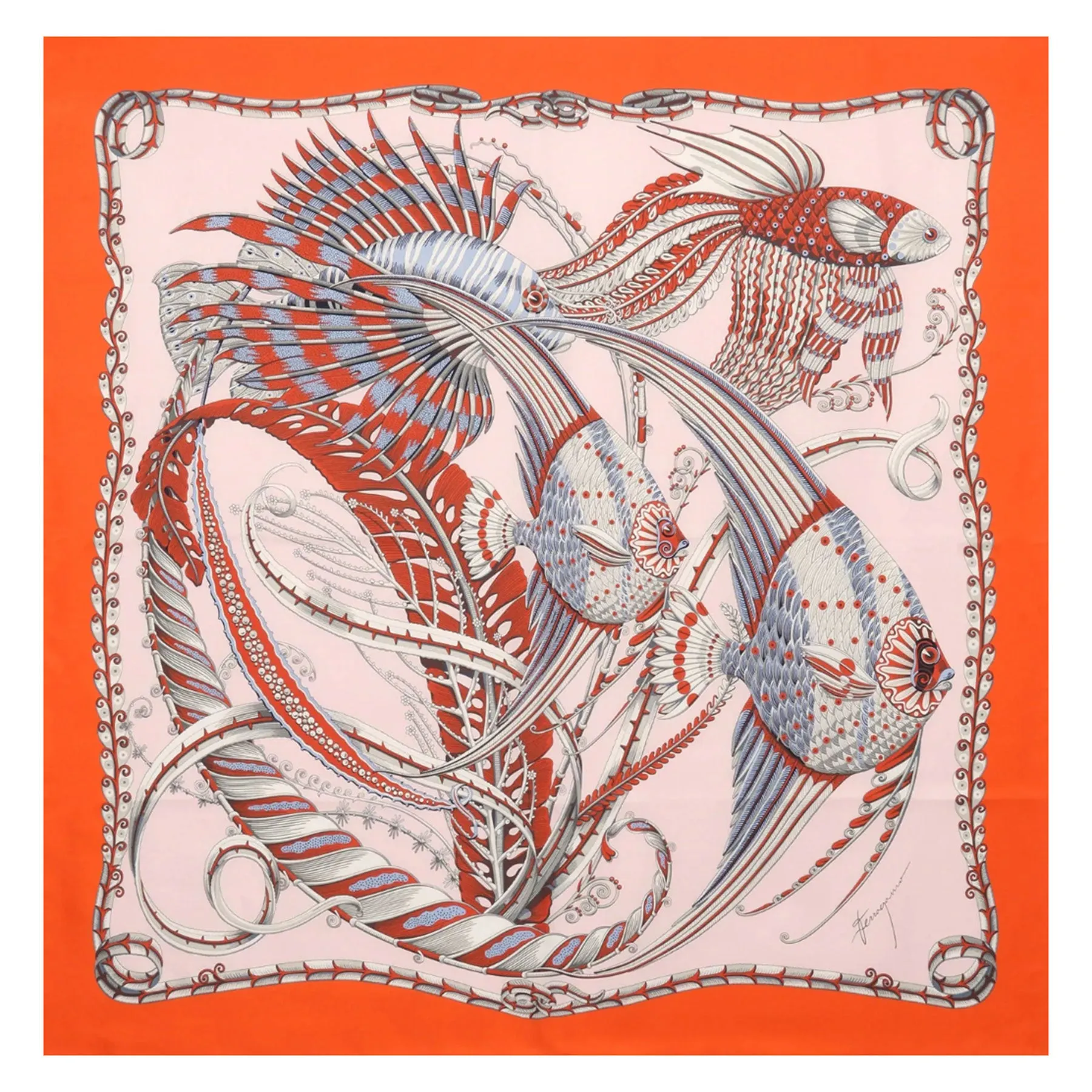 Ferragamo Scarf Blue Fish Design - Twill Silk Foulard - 2024 Collection SALE