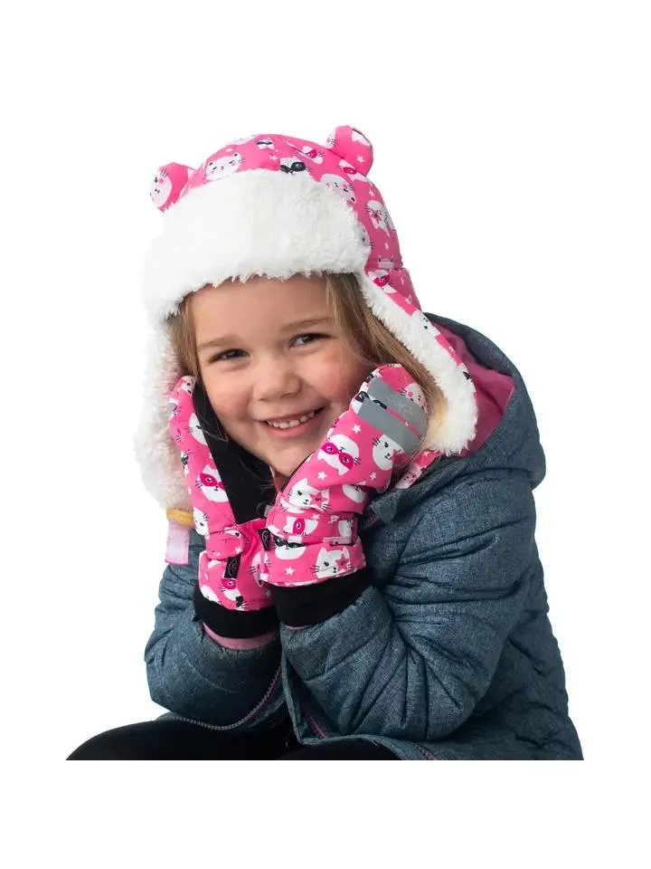 Flap Jack Kids Water Repellant Ski Mittens - Cat Pink