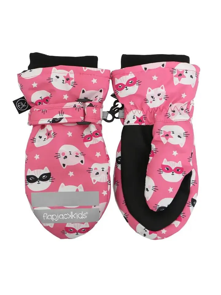 Flap Jack Kids Water Repellant Ski Mittens - Cat Pink