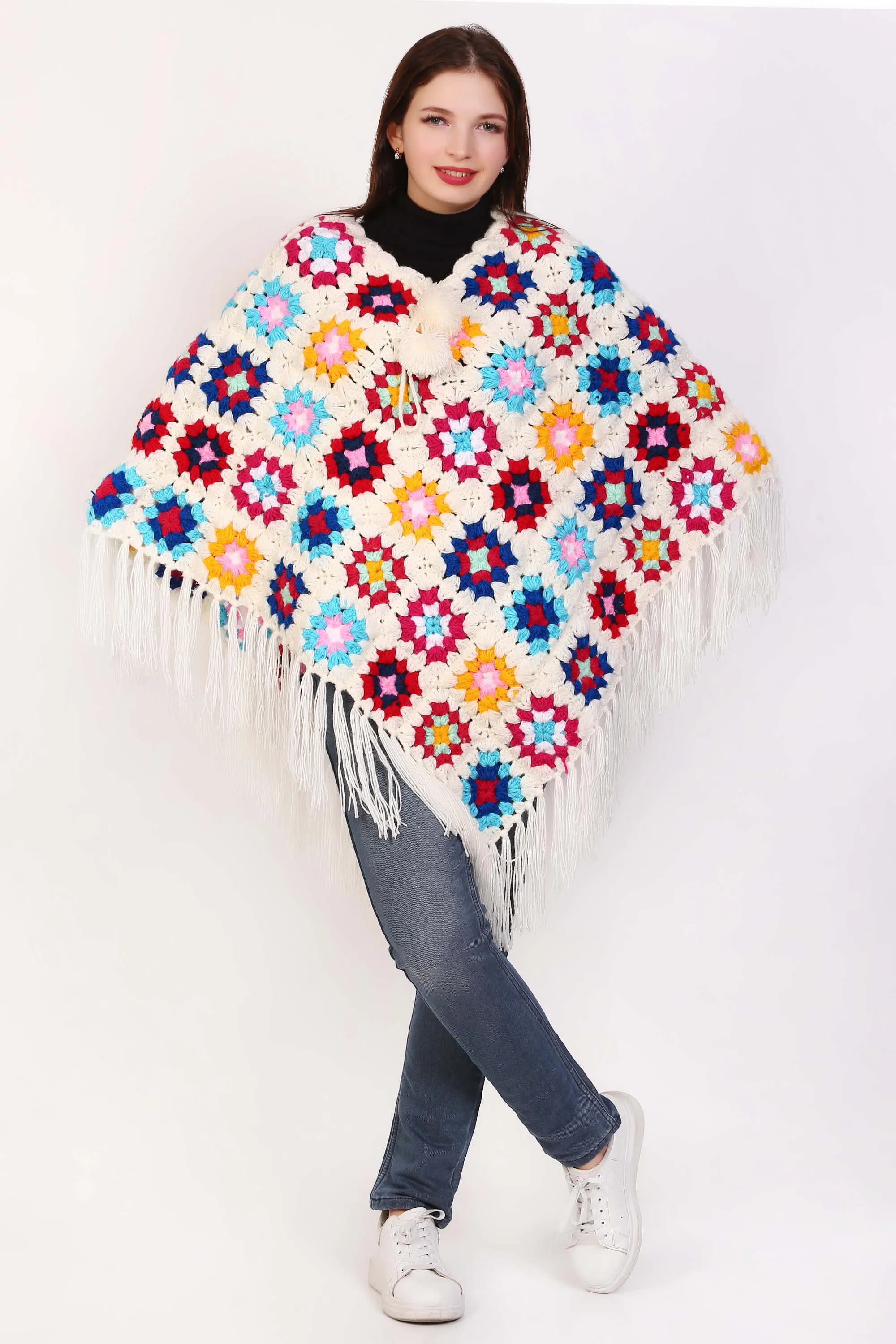 Flower Fringed Poncho Sweater Red & Cream