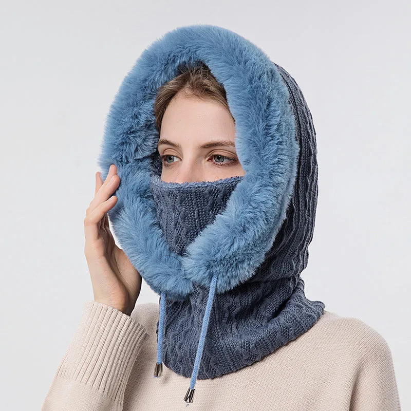 Knitted Warm Fleece Beanies Hats Women Winter Hooded Scarf Windproof Hat