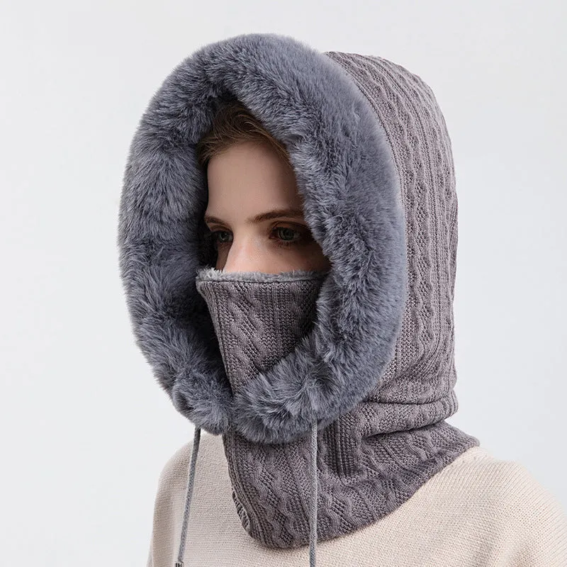 Knitted Warm Fleece Beanies Hats Women Winter Hooded Scarf Windproof Hat