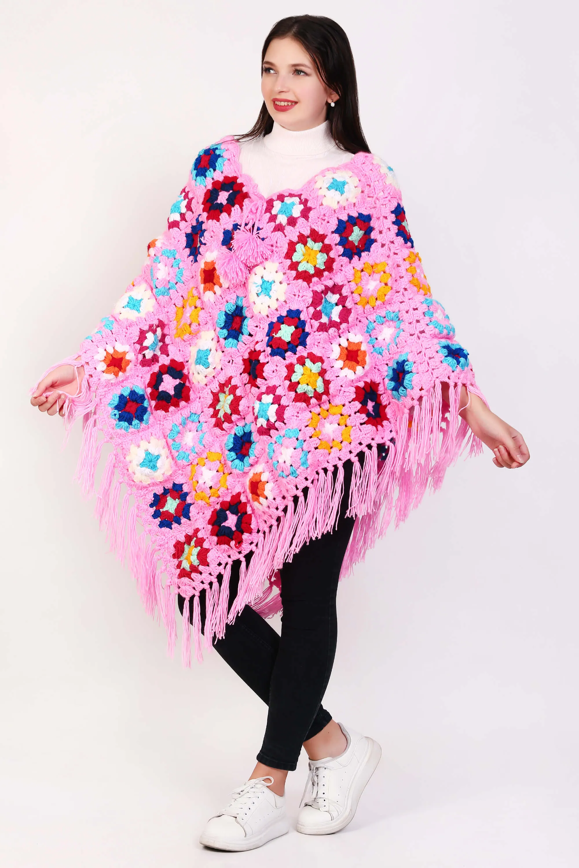 Multi Colored Granny Square Women Crochet Ponchos