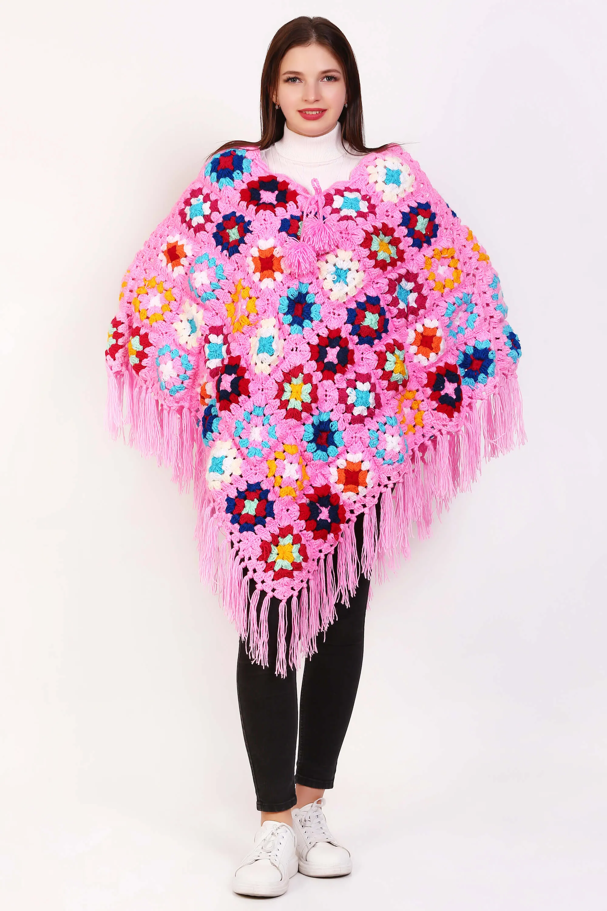 Multi Colored Granny Square Women Crochet Ponchos