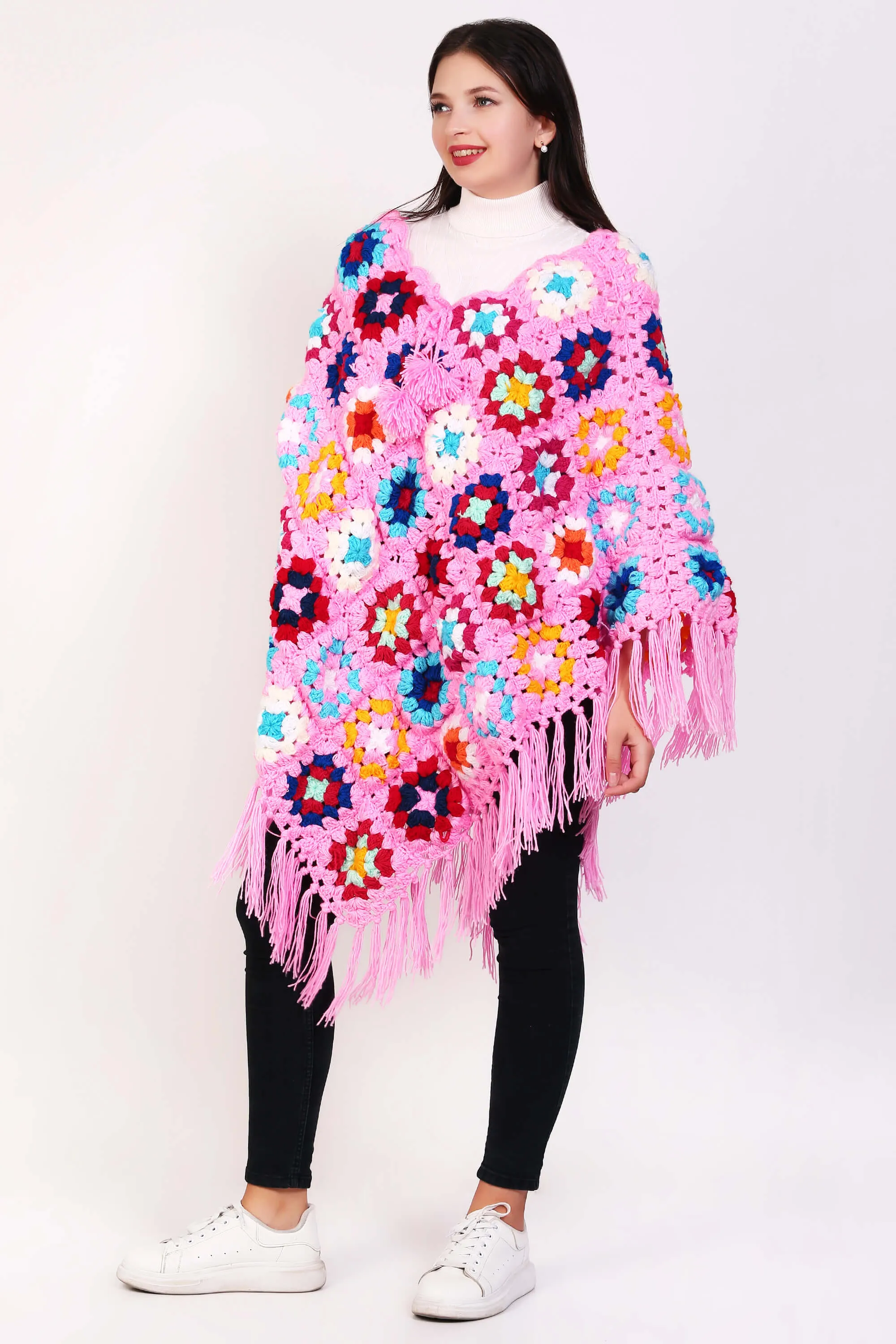 Multi Colored Granny Square Women Crochet Ponchos