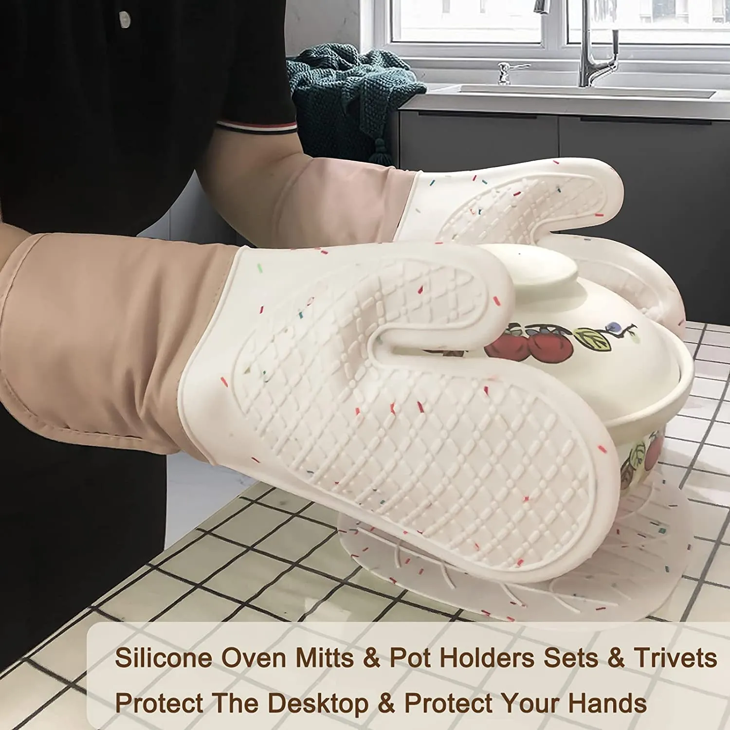 MYSWEETY Extra Long Oven Mitts and Pot Holders Sets, Heat Resistant Silicone Oven Mittens with Hot Pads, Double Layer High Temperature Resistant Hot Pads and Oven Mitts Sets for Cooking, Grilling-Beige 3 PCS