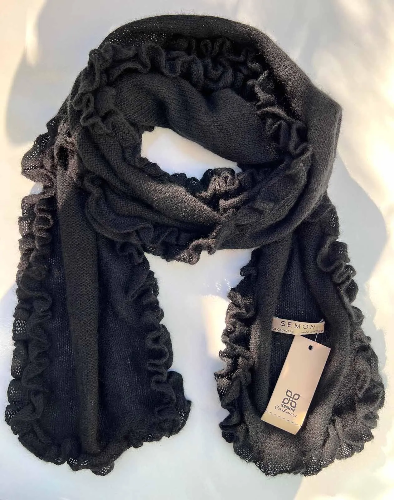 Ruffle edge small cashmere scarf in black