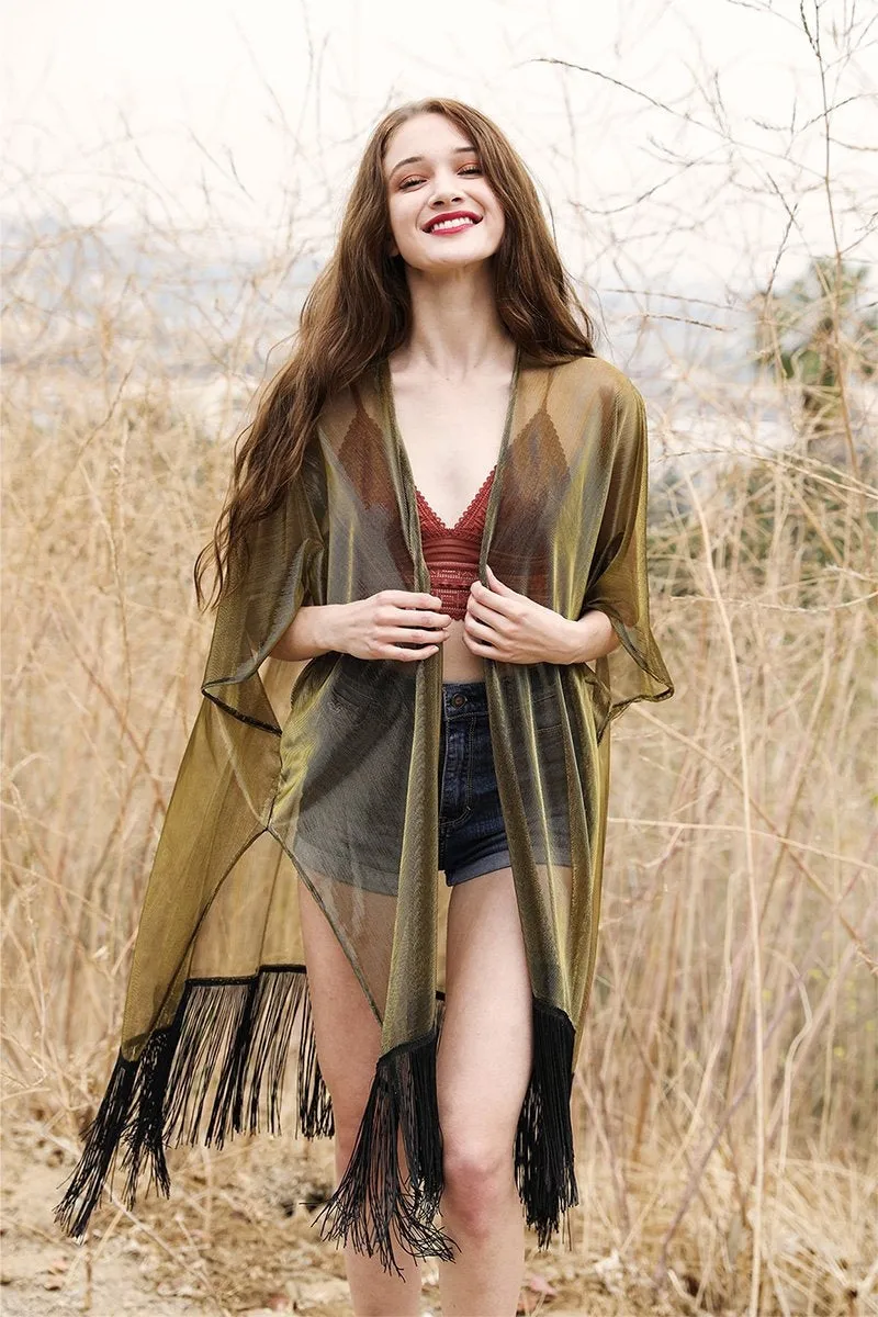 Sheer Metallic Tassel Kimono