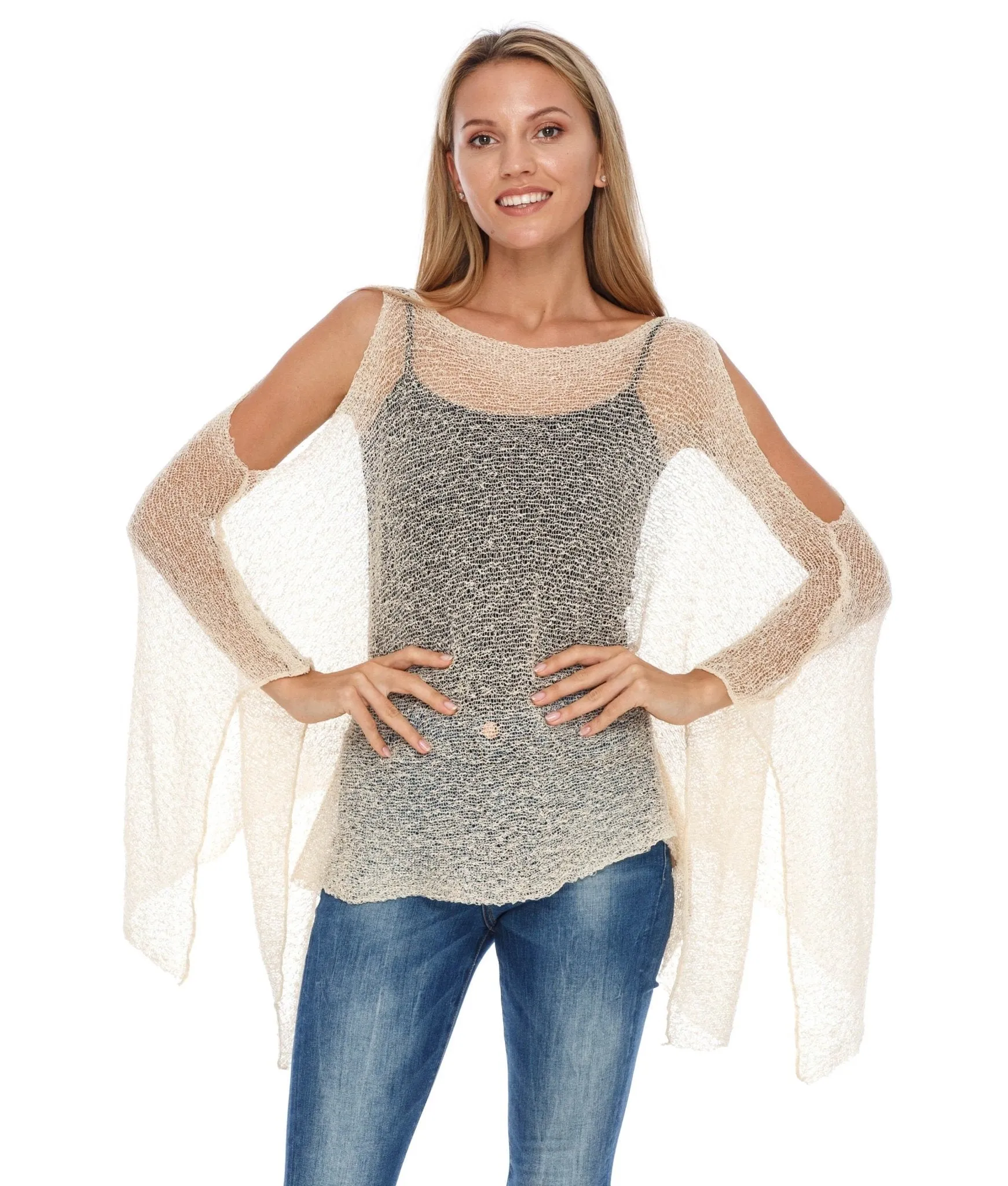 SHU-SHI Women's Lightweight Summer Poncho Shrug - Cold-Shoulder Tunic Top Cover-Up