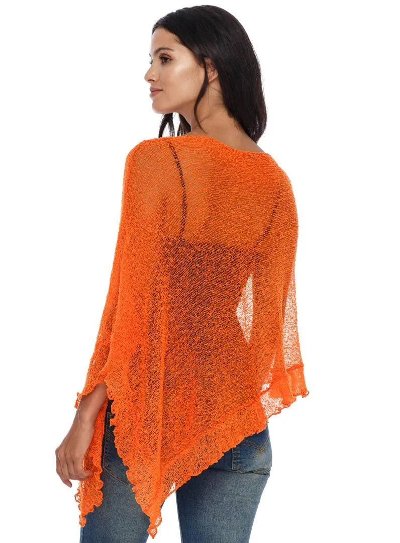 SHU-SHI Womens Sheer Poncho Shrug Lightweight Knit Ruffle Pullover Sweater Top