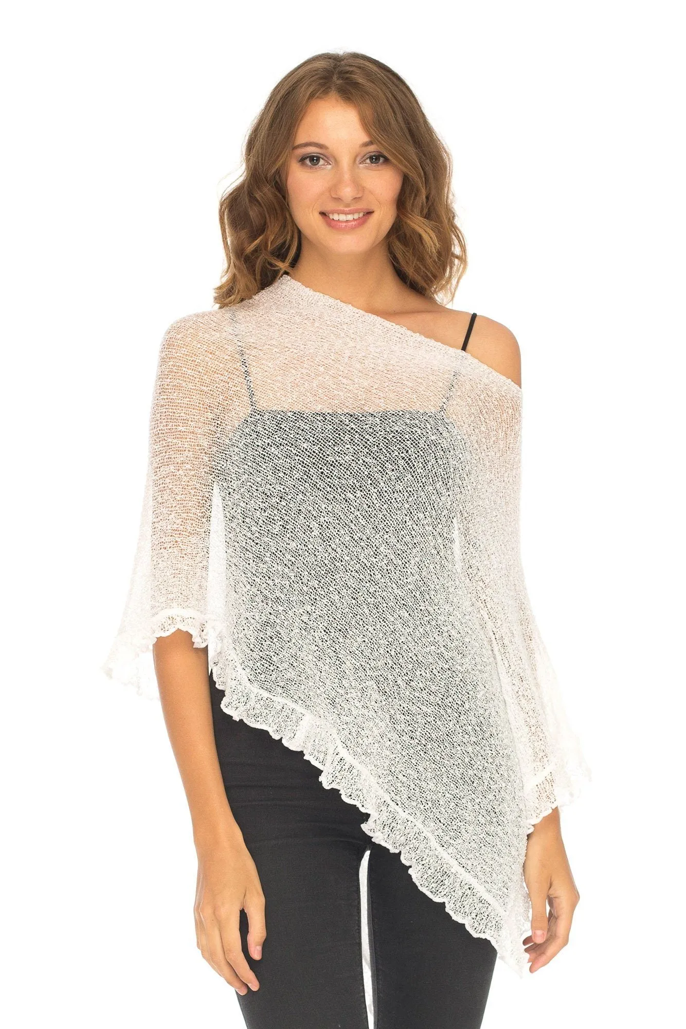 SHU-SHI Womens Sheer Poncho Shrug Lightweight Knit Ruffle Pullover Sweater Top