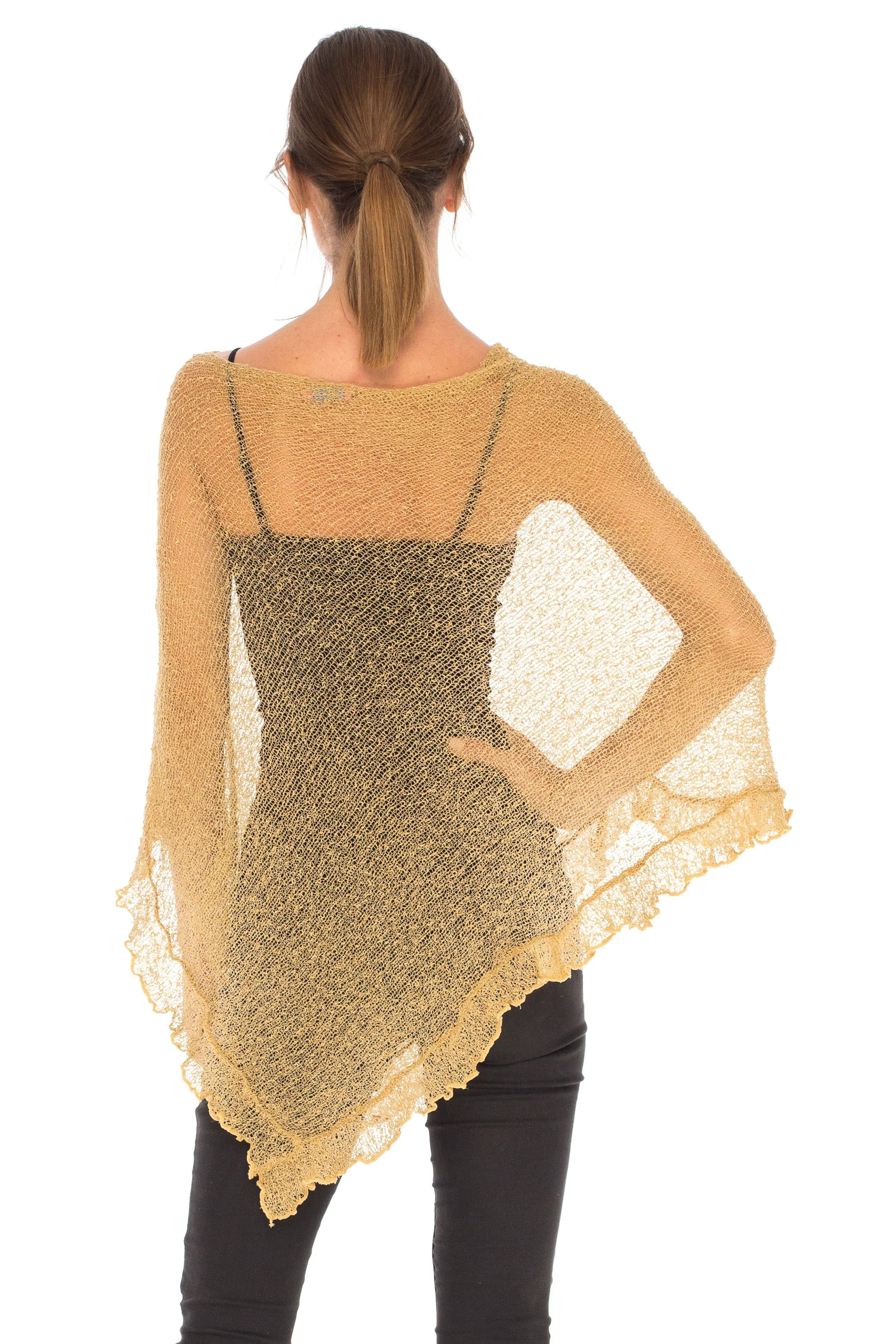 SHU-SHI Womens Sheer Poncho Shrug Lightweight Knit Ruffle Pullover Sweater Top