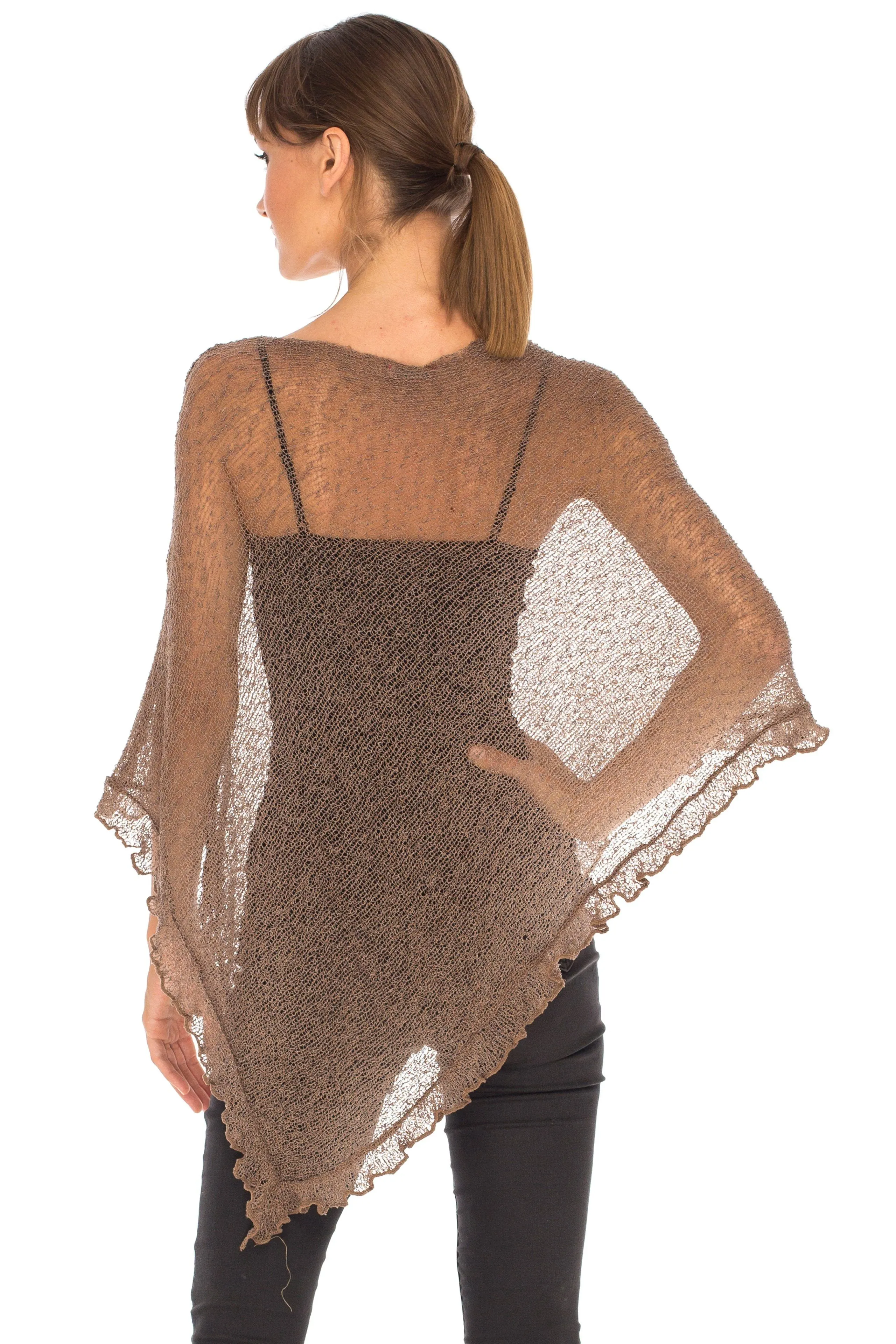 SHU-SHI Womens Sheer Poncho Shrug Lightweight Knit Ruffle Pullover Sweater Top