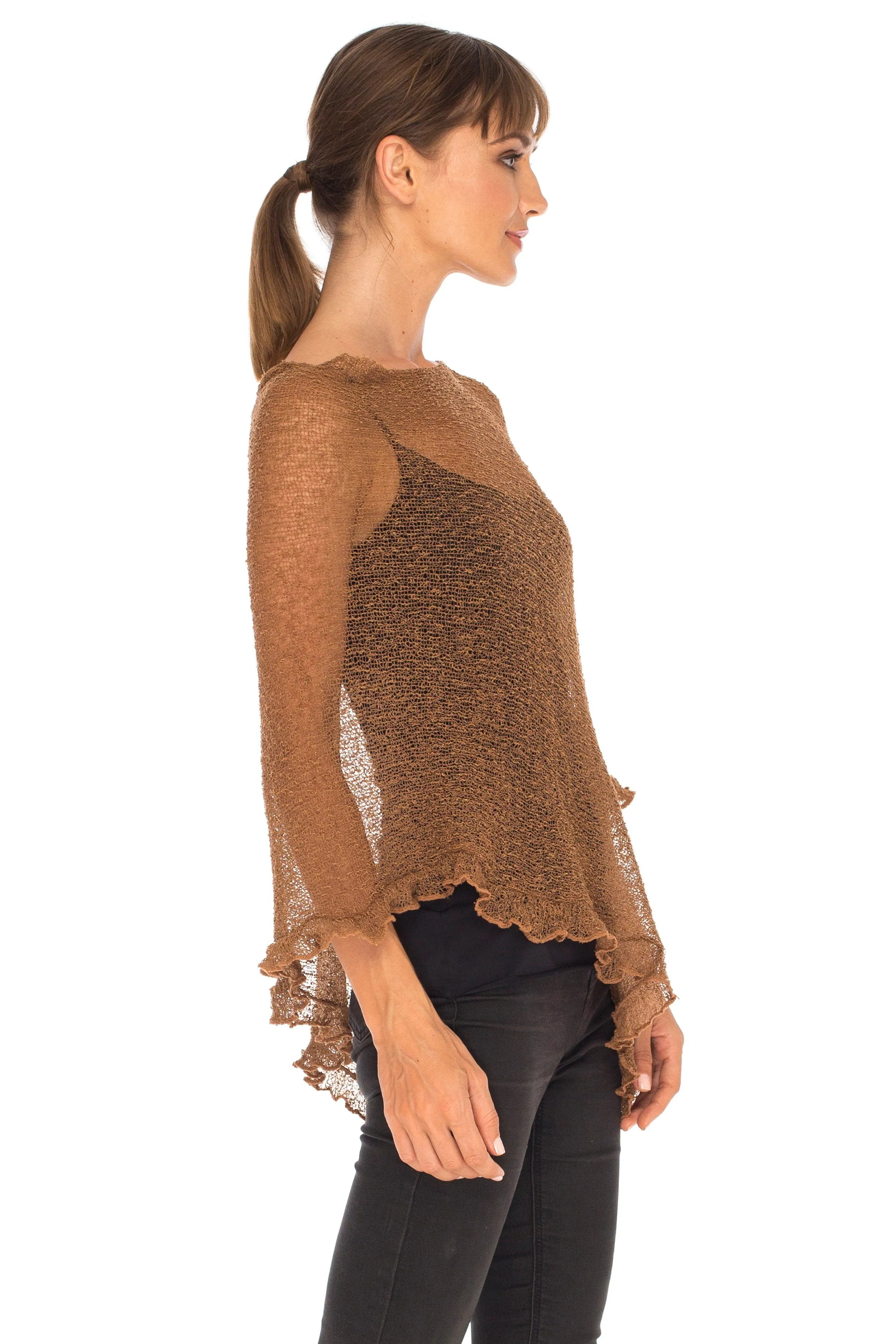 SHU-SHI Womens Sheer Poncho Shrug Lightweight Knit Ruffle Pullover Sweater Top