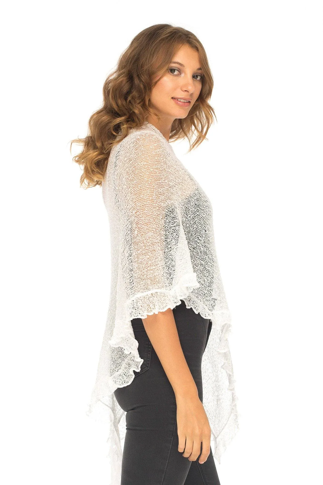 SHU-SHI Womens Sheer Poncho Shrug Lightweight Knit Ruffle Pullover Sweater Top