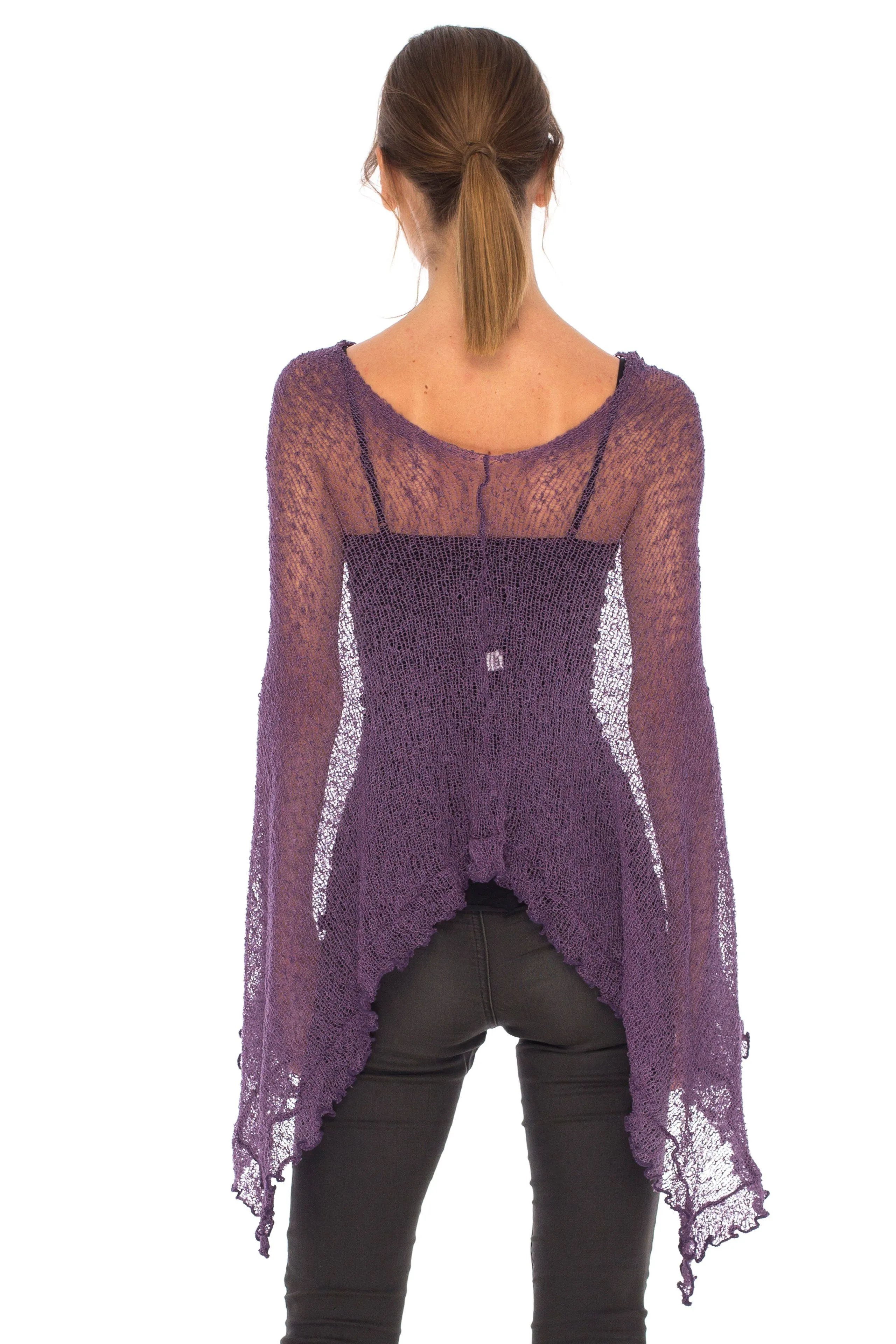 SHU-SHI Womens Sheer Poncho Shrug Lightweight Knit Ruffle Pullover Sweater Top