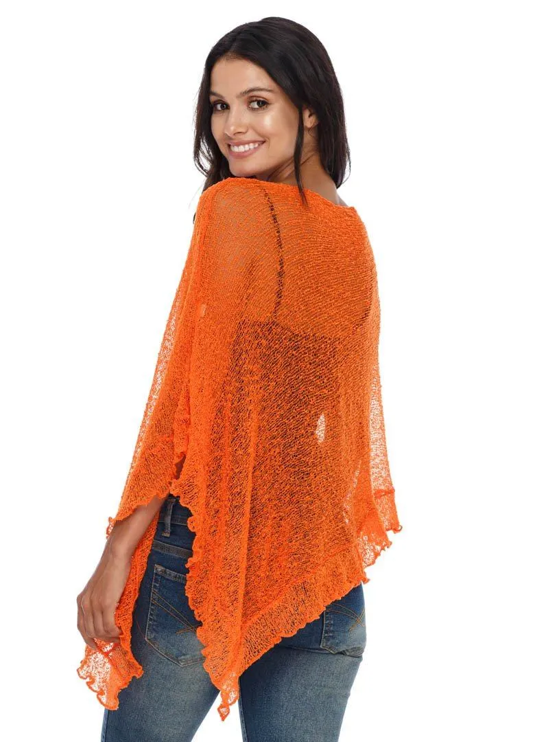 SHU-SHI Womens Sheer Poncho Shrug Lightweight Knit Ruffle Pullover Sweater Top