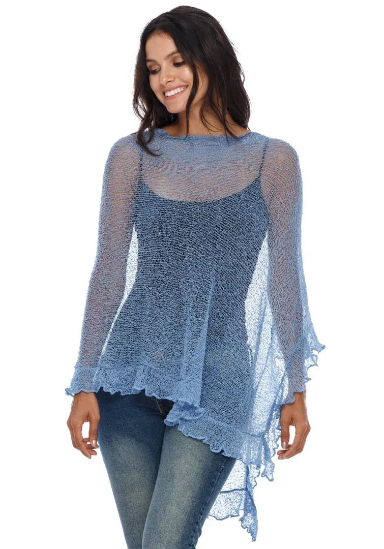 SHU-SHI Womens Sheer Poncho Shrug Lightweight Knit Ruffle Pullover Sweater Top