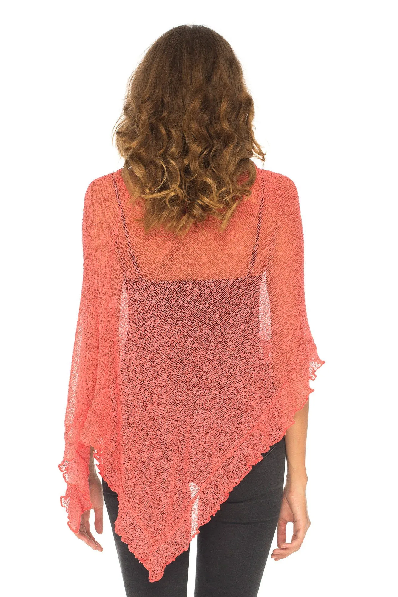 SHU-SHI Womens Sheer Poncho Shrug Lightweight Knit Ruffle Pullover Sweater Top