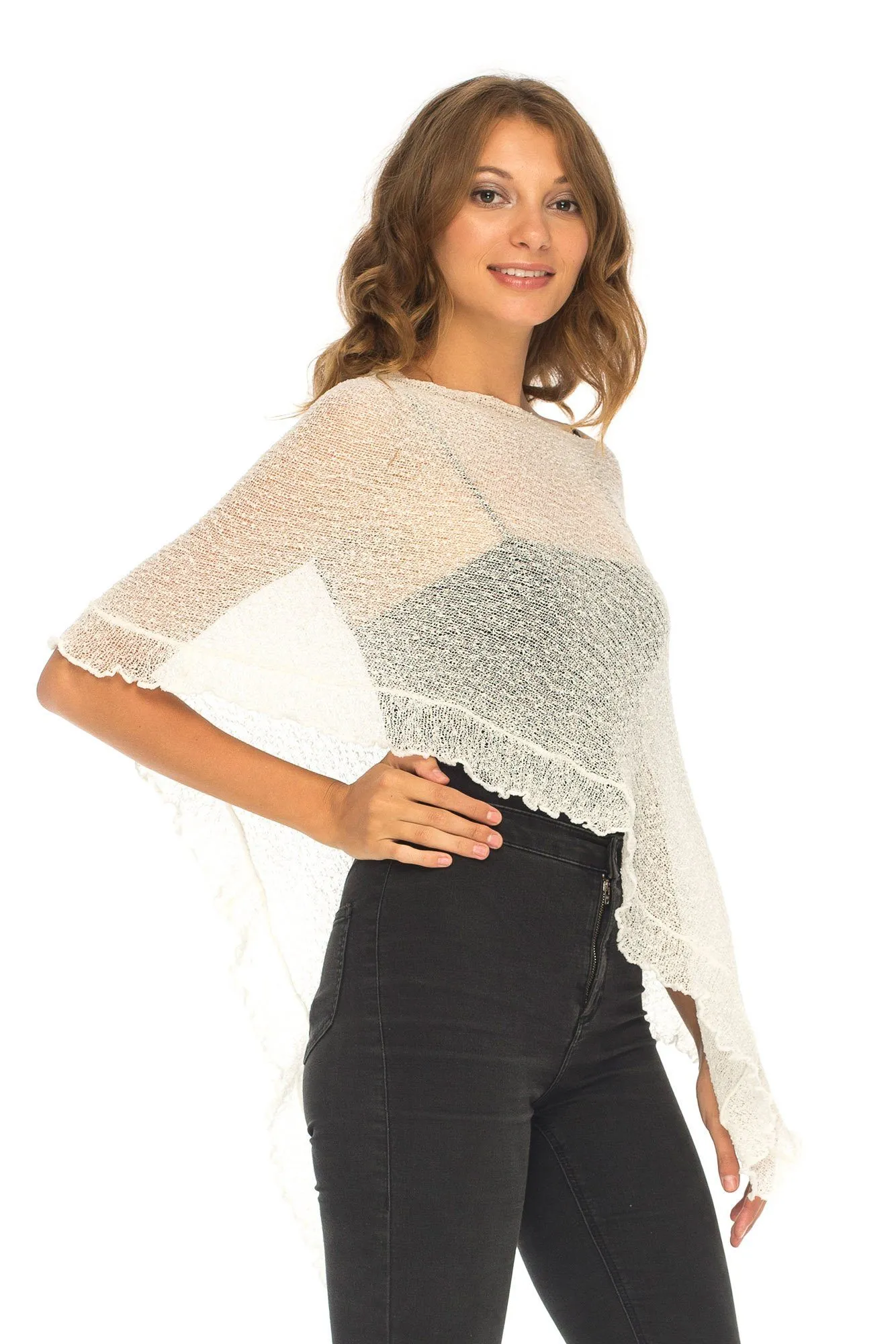 SHU-SHI Womens Sheer Poncho Shrug Lightweight Knit Ruffle Pullover Sweater Top