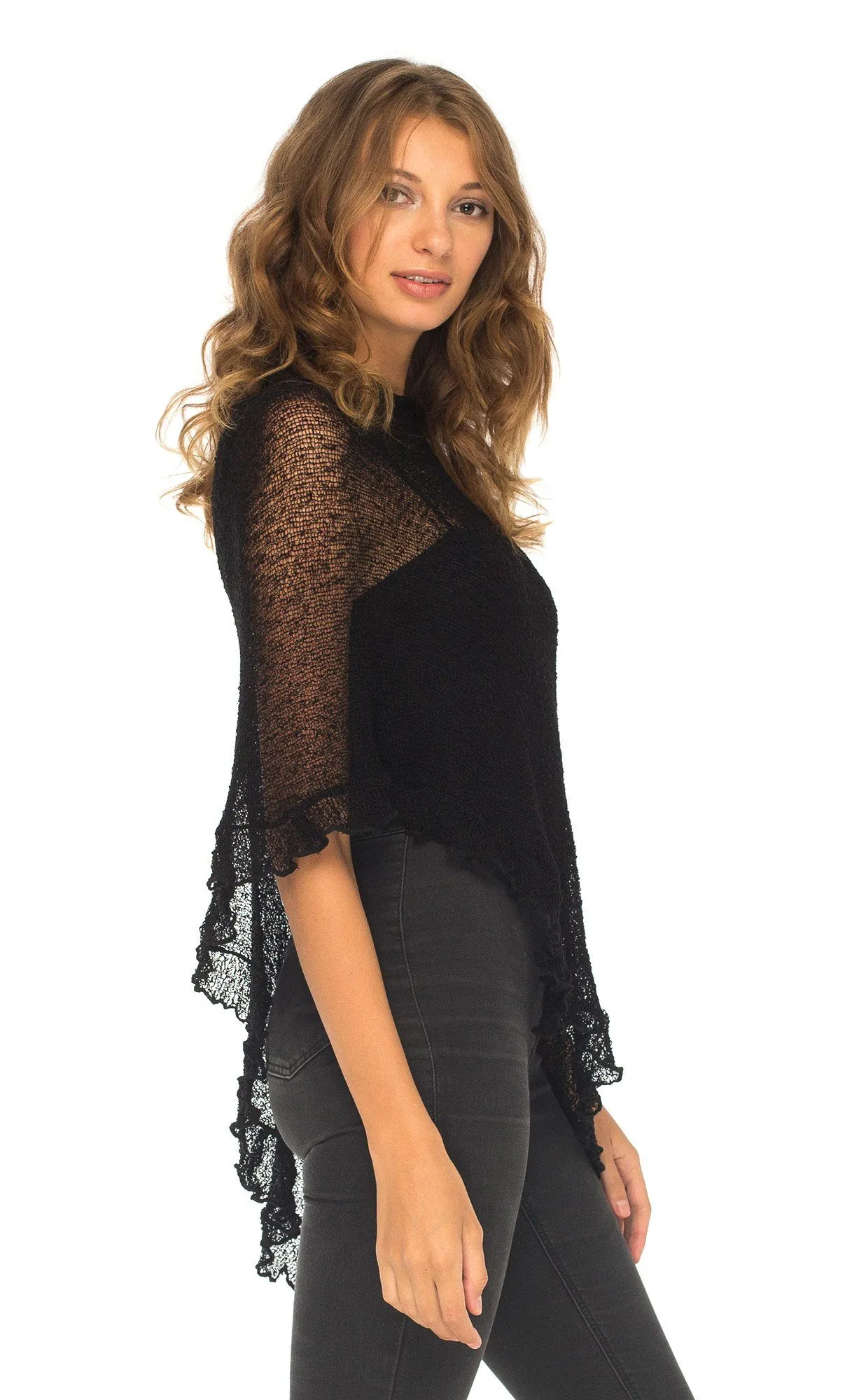 SHU-SHI Womens Sheer Poncho Shrug Lightweight Knit Ruffle Pullover Sweater Top