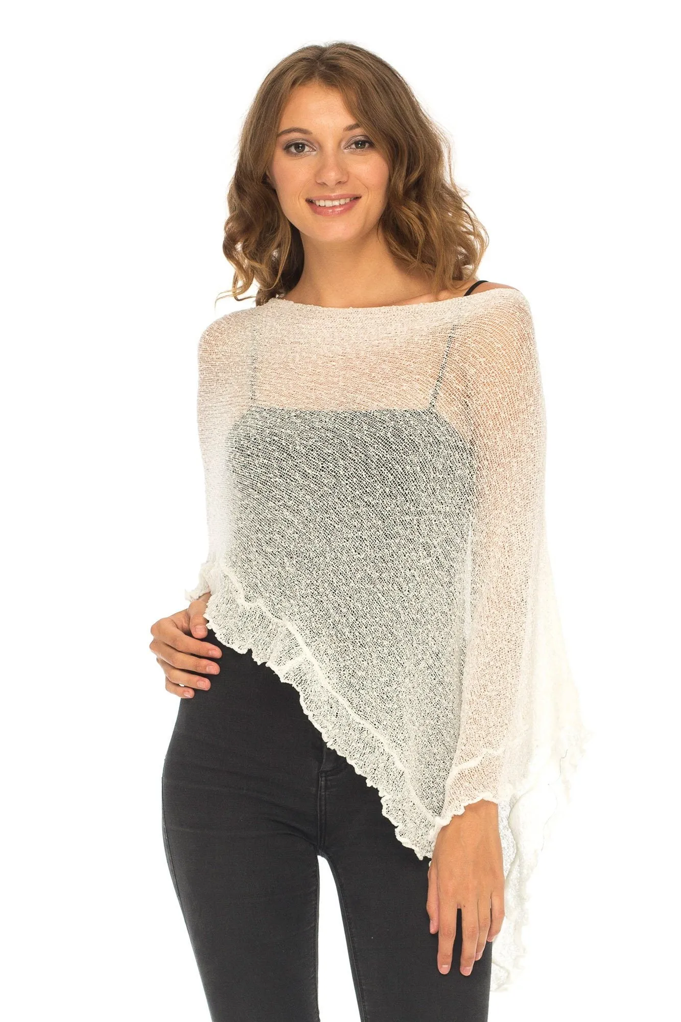 SHU-SHI Womens Sheer Poncho Shrug Lightweight Knit Ruffle Pullover Sweater Top