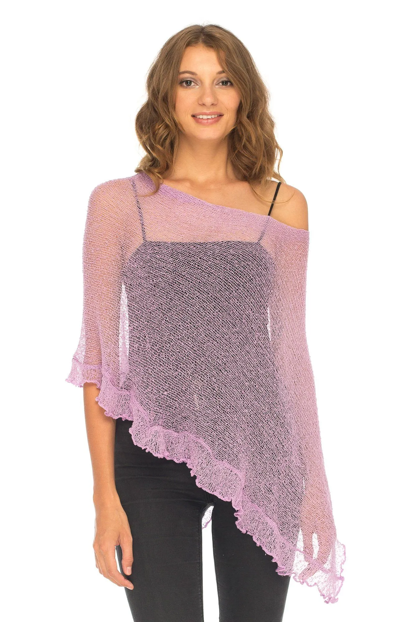 SHU-SHI Womens Sheer Poncho Shrug Lightweight Knit Ruffle Pullover Sweater Top