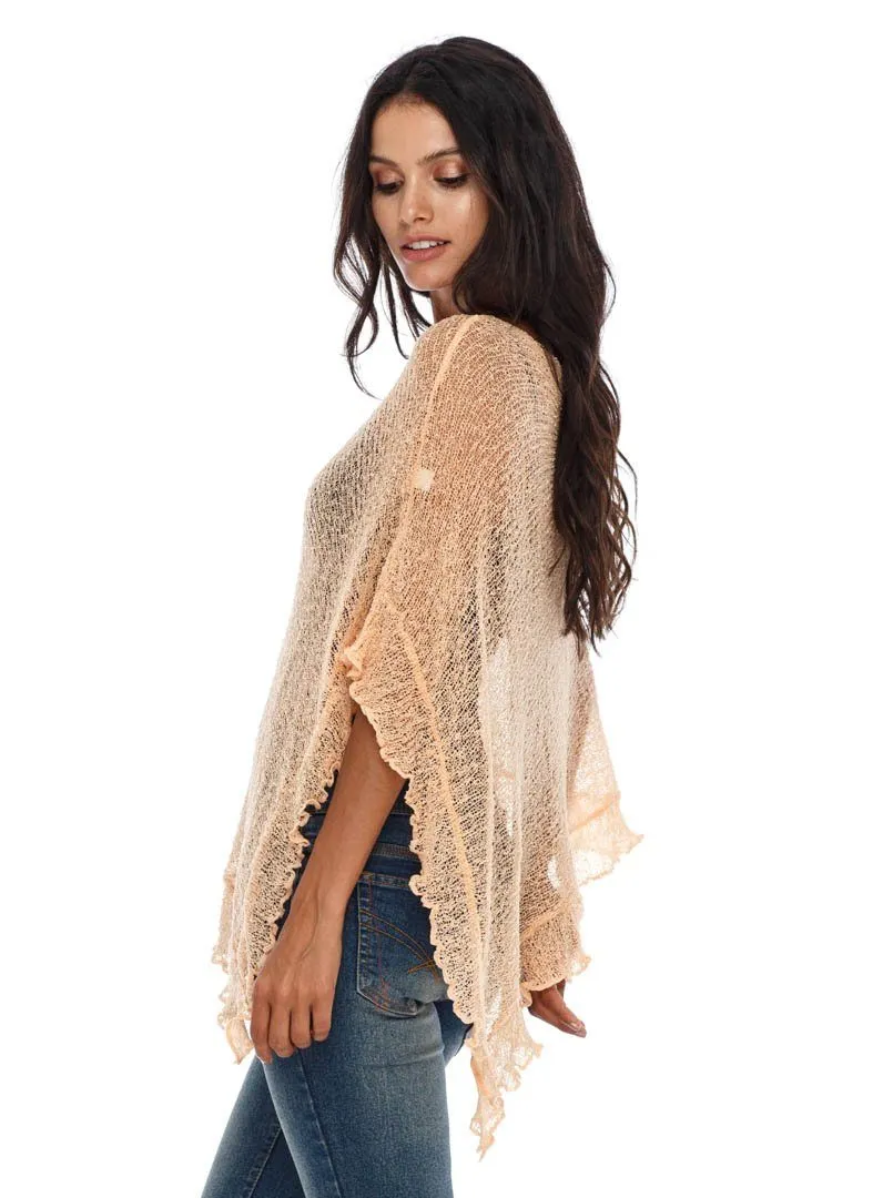 SHU-SHI Womens Sheer Poncho Shrug Lightweight Knit Ruffle Pullover Sweater Top