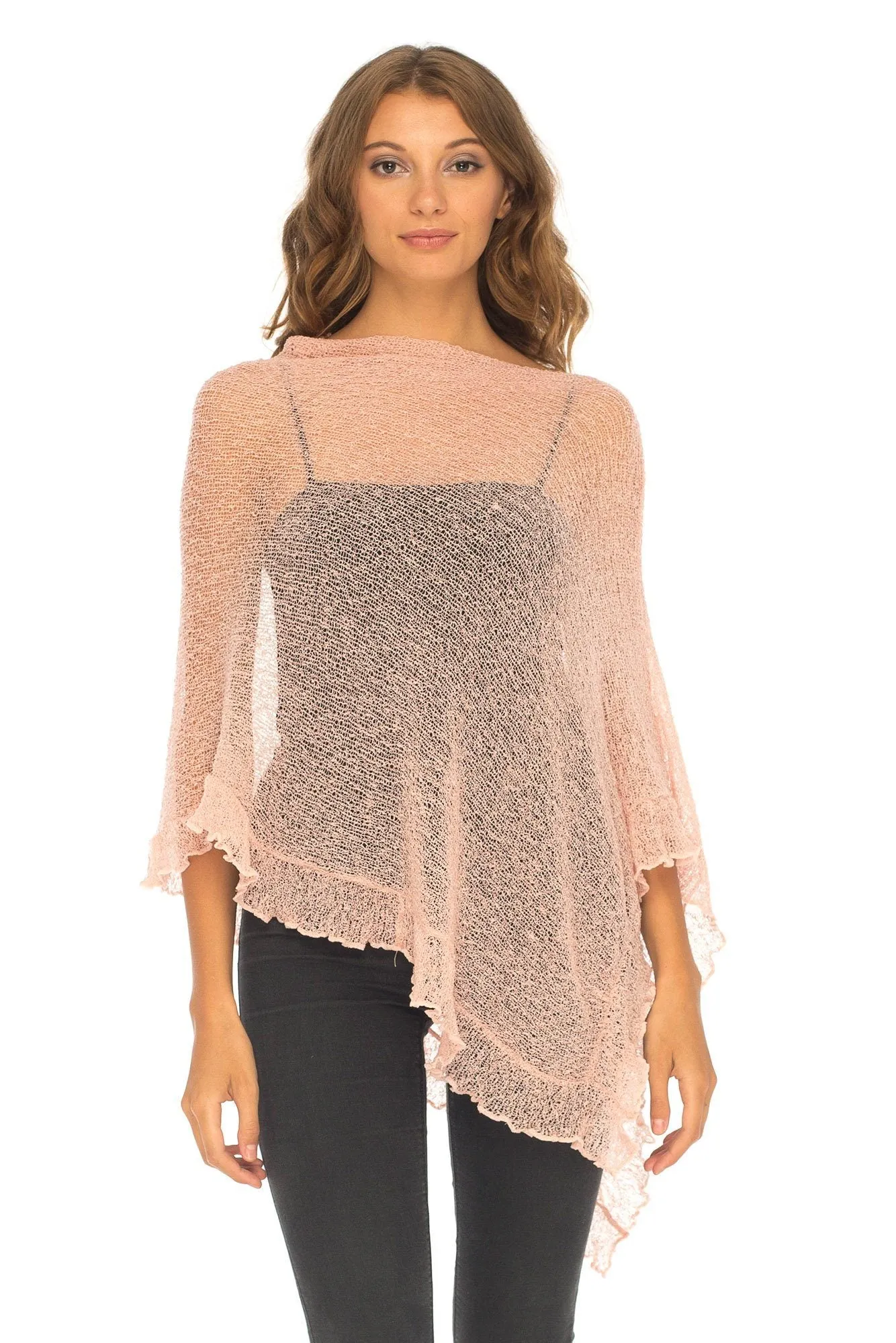 SHU-SHI Womens Sheer Poncho Shrug Lightweight Knit Ruffle Pullover Sweater Top