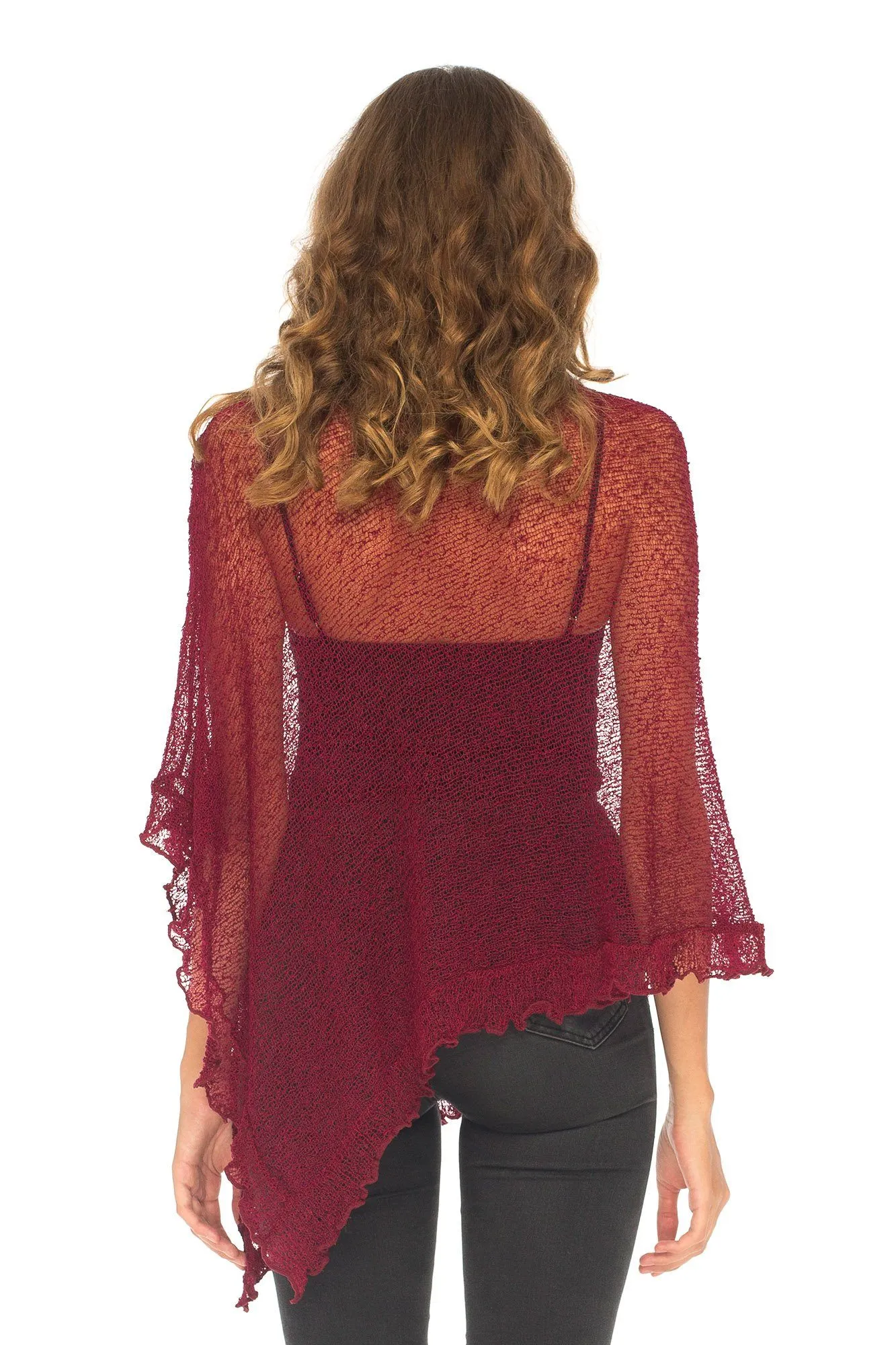 SHU-SHI Womens Sheer Poncho Shrug Lightweight Knit Ruffle Pullover Sweater Top