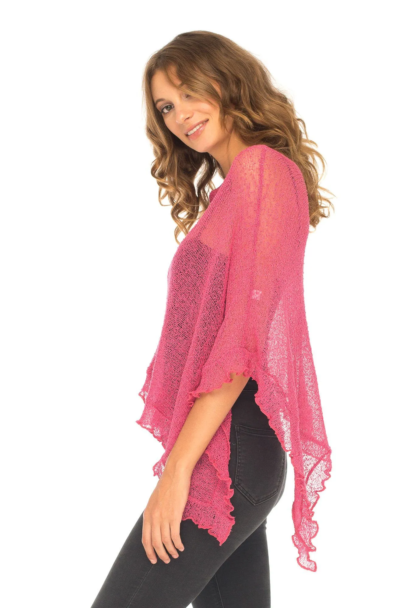 SHU-SHI Womens Sheer Poncho Shrug Lightweight Knit Ruffle Pullover Sweater Top