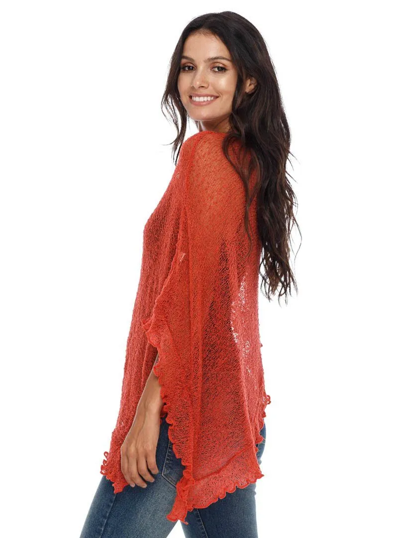 SHU-SHI Womens Sheer Poncho Shrug Lightweight Knit Ruffle Pullover Sweater Top