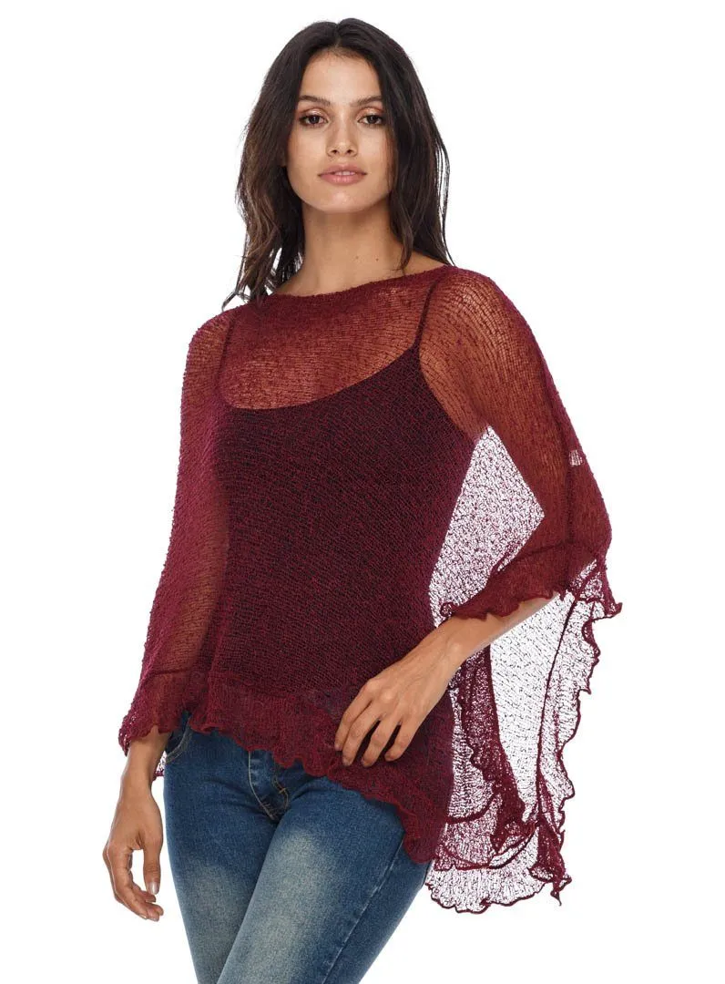 SHU-SHI Womens Sheer Poncho Shrug Lightweight Knit Ruffle Pullover Sweater Top