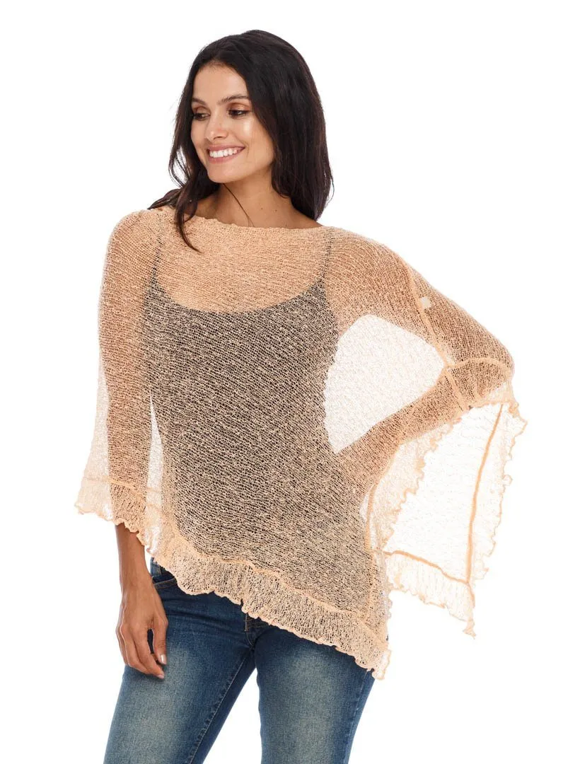 SHU-SHI Womens Sheer Poncho Shrug Lightweight Knit Ruffle Pullover Sweater Top