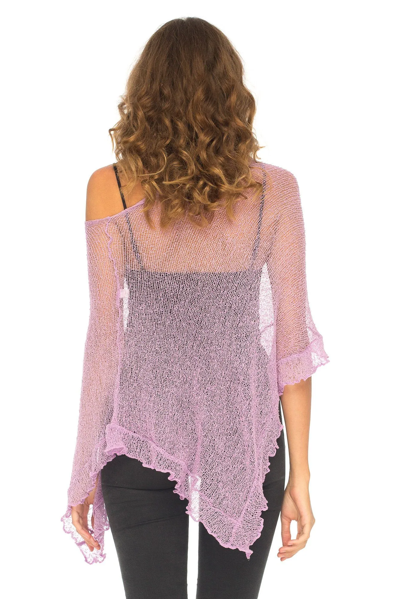 SHU-SHI Womens Sheer Poncho Shrug Lightweight Knit Ruffle Pullover Sweater Top