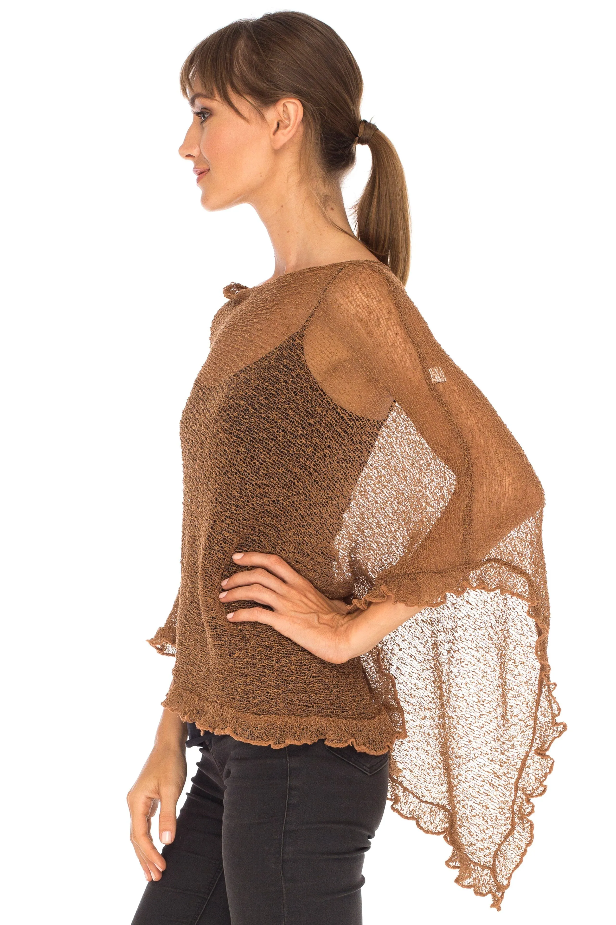 SHU-SHI Womens Sheer Poncho Shrug Lightweight Knit Ruffle Pullover Sweater Top