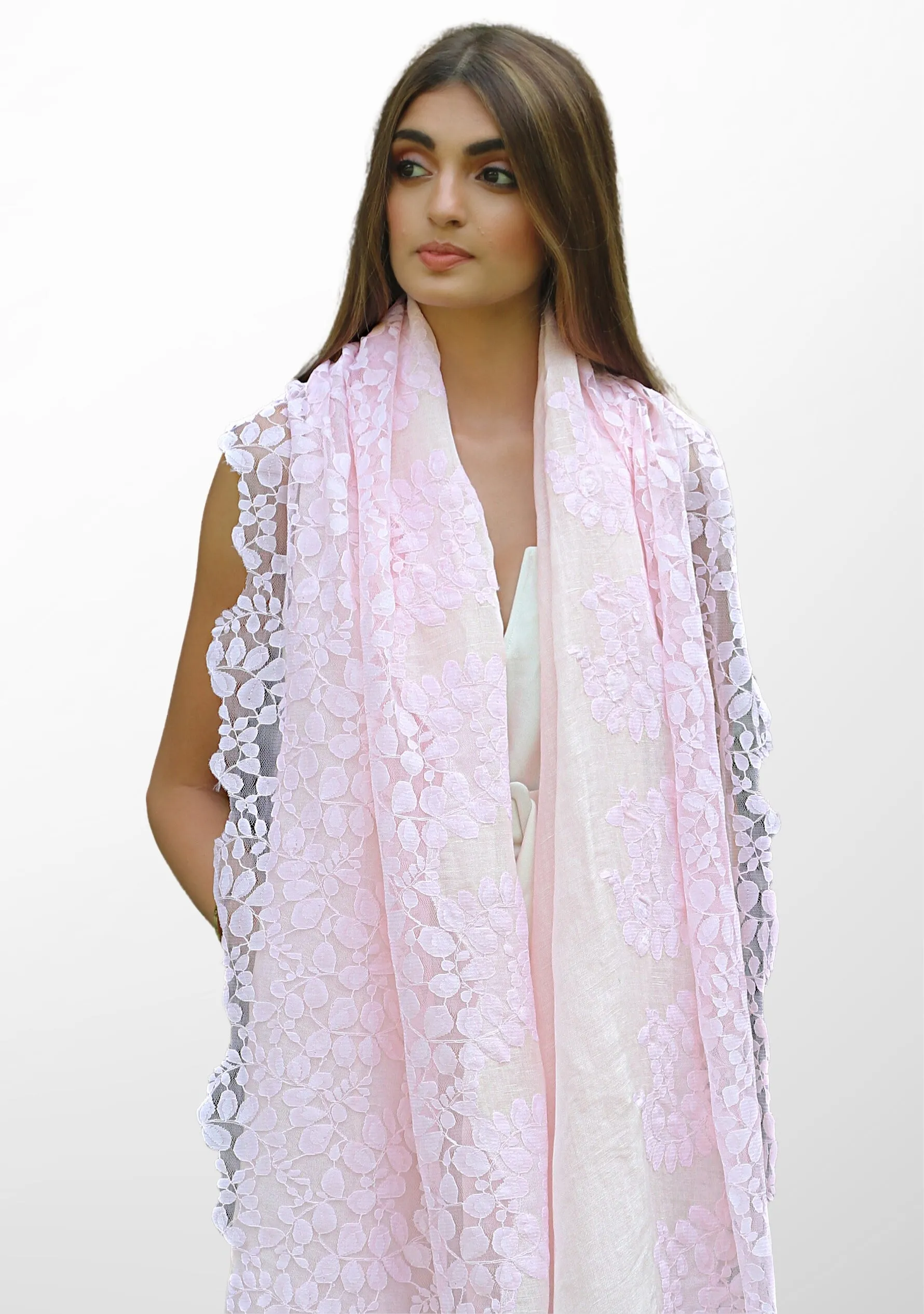 Soft Pink Linen and Modal Scarf with a Soft Pink Bold Leaf Lace