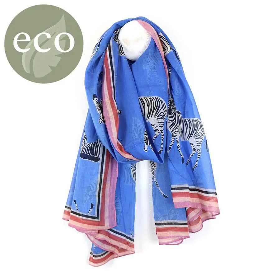 Vibrant Blue Zebra Print Scarf With Pale Pink Border