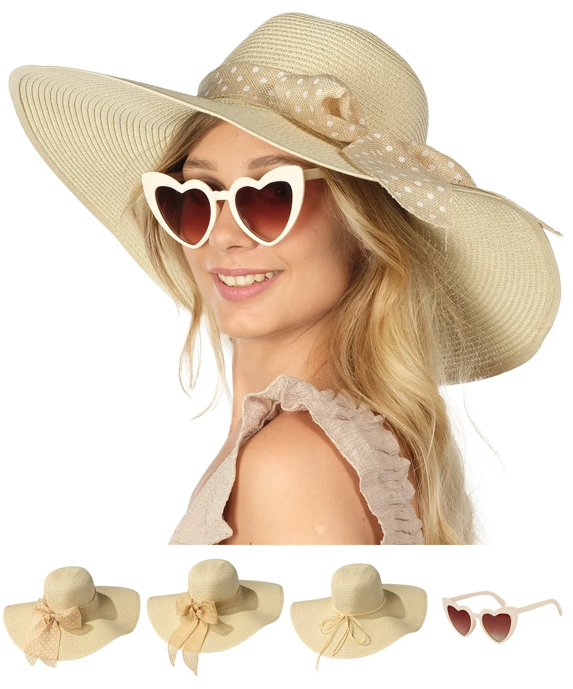 Wide Brim Sun Hats for Women - Floppy Straw Hat with Heart Shape Glasses - Foldable Large Summer Hat - Big Roll Up Beach Cap - UPF 50  ( Beige ) - FUNCREDIBLE