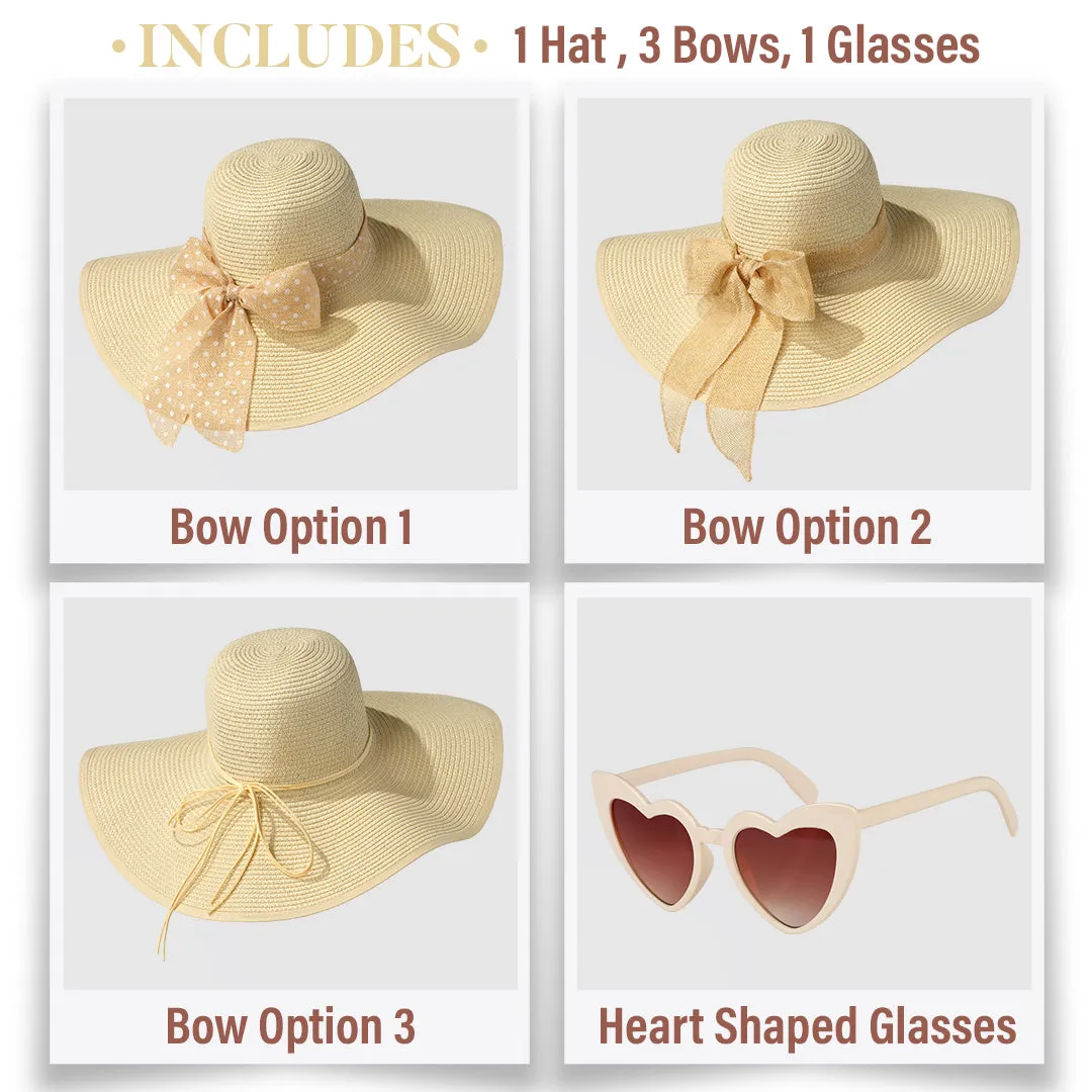 Wide Brim Sun Hats for Women - Floppy Straw Hat with Heart Shape Glasses - Foldable Large Summer Hat - Big Roll Up Beach Cap - UPF 50  ( Beige ) - FUNCREDIBLE