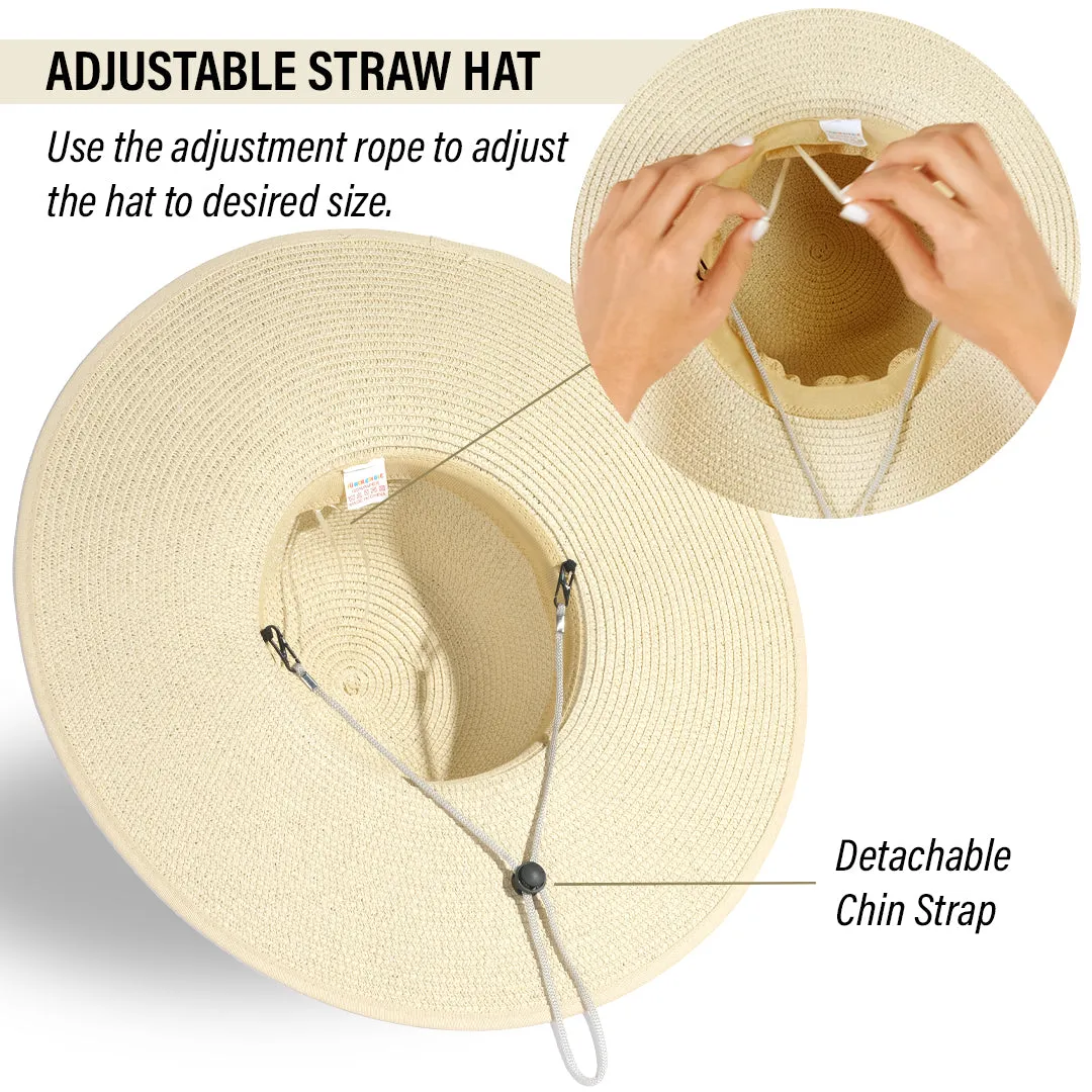 Wide Brim Sun Hats for Women - Floppy Straw Hat with Heart Shape Glasses - Foldable Large Summer Hat - Big Roll Up Beach Cap - UPF 50  ( Beige ) - FUNCREDIBLE