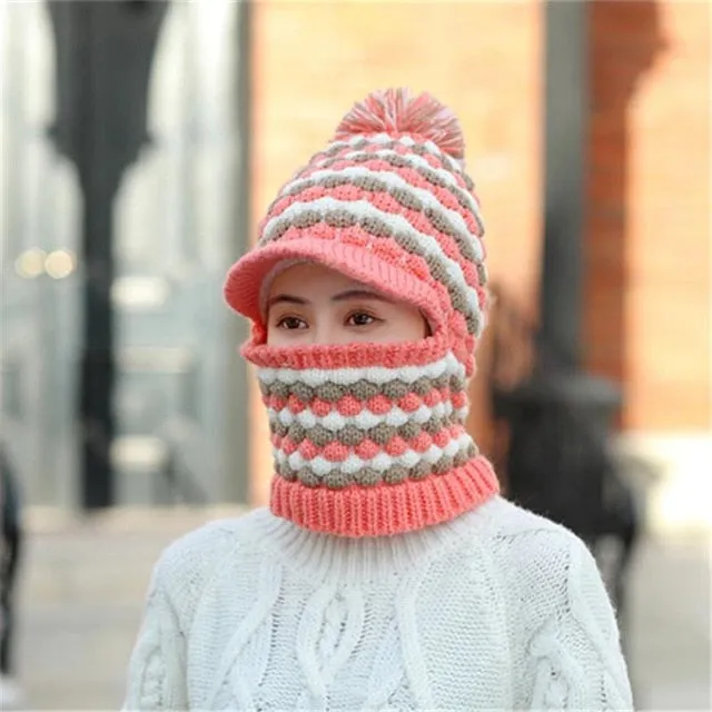 Windproof Keep Thick Pompoms Balaclava Outdoor Knitted Woolen Warm Winter Cap