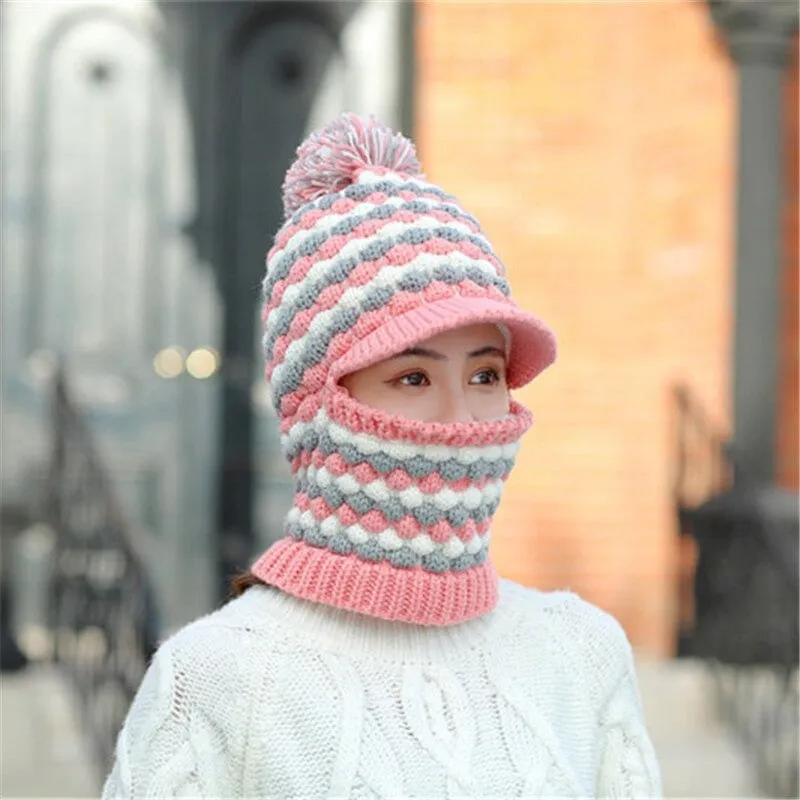 Windproof Keep Thick Pompoms Balaclava Outdoor Knitted Woolen Warm Winter Cap