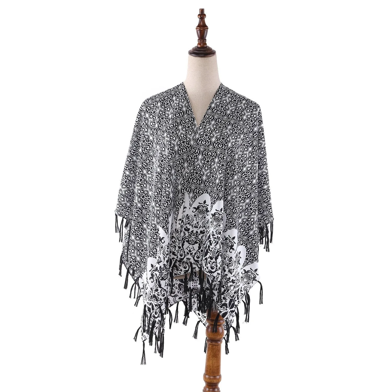 Women's Sheer Kimono Cardigan Cape Black and White CAR017