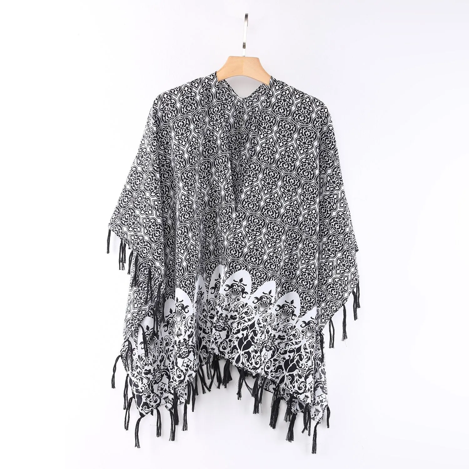 Women's Sheer Kimono Cardigan Cape Black and White CAR017