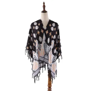 Women's Sheer Kimono Cardigan Cape Black Theme Paisley Print CAR012